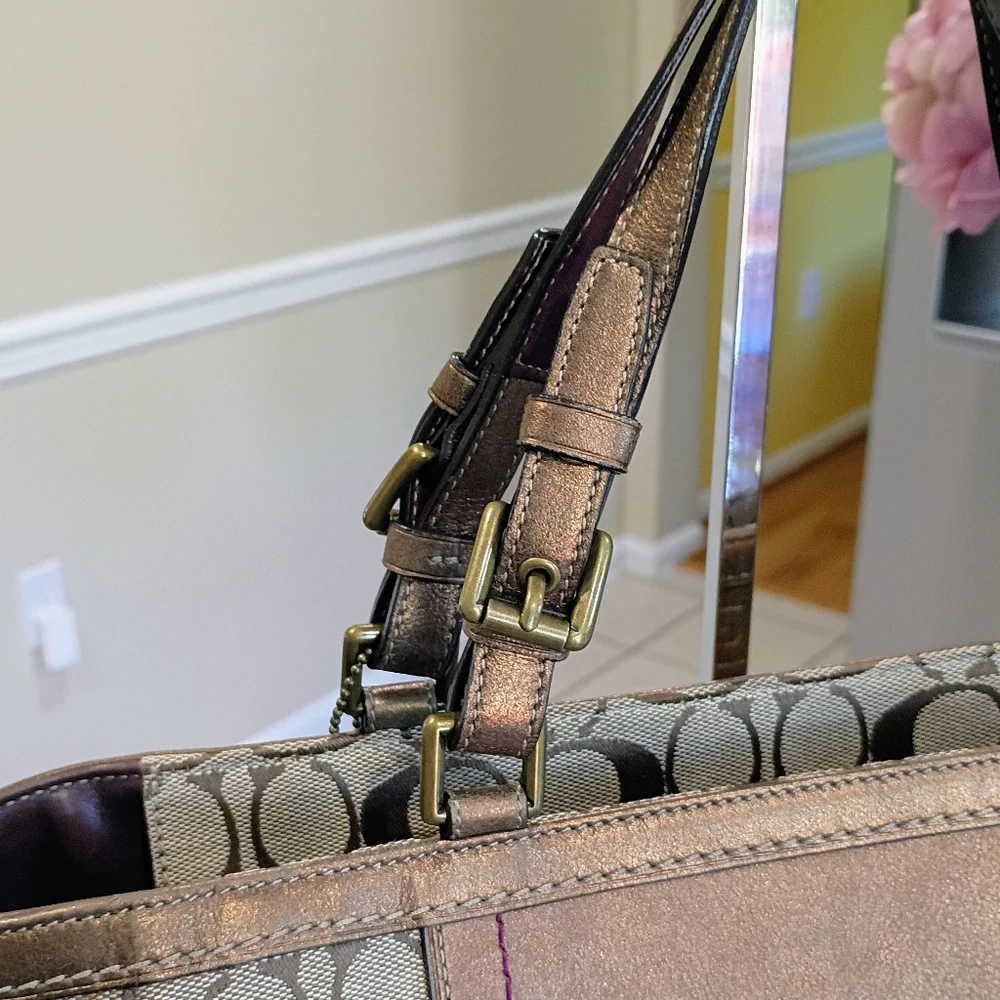Coach Signature Galley Tote, Metallic leather, Suede corners
